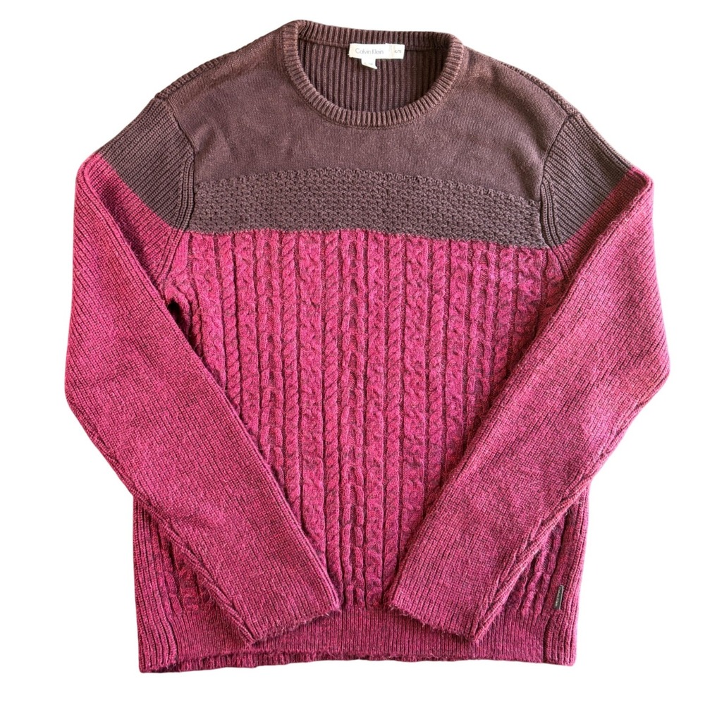 Calvin Klein Mens Sweater XL Burgundy Knit Colorblock Cable Crewneck fisherman